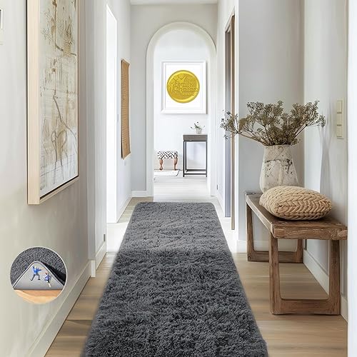 Ophanie Runner Rug for Hallway, 2x6 Upgrade Non-Slip Fluffy Soft Bedside Rugs, Bedroom Living Room Grey Shaggy Gray Carpet for Kids Girls Boys Dorm Nursery Home Decor Aesthetic