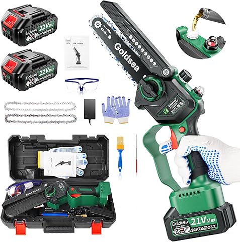 Mini motosierra inalámbrica con baterías de 8000 mAh, motosierra con batería para cortar con motor sin escobillas, sierra de batería Goldsea de 6 pulgadas para el corte para jardinería, corte de