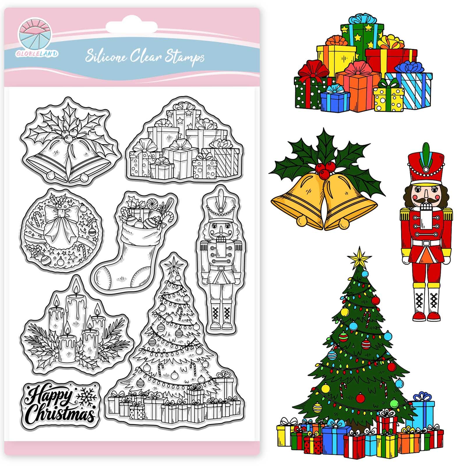 GLOBLELAND Christmas Tree Clear Stamps for Crafting Gift Boxs Transparent Stamp Christmas Stockings Silicone Stamps Seal for Cards Making DIY Scrapbooking Photo Album Decor