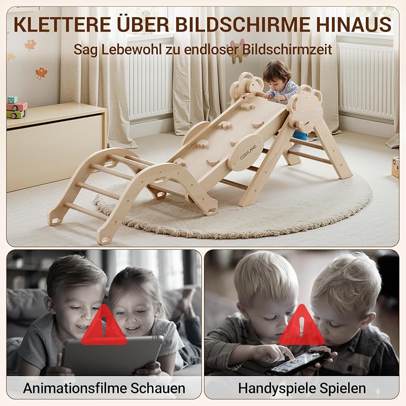 COSYLAND Beltéri Mászóállvány M - Montessori Fa Játszóház Csúszdával - 8 az 1-ben Fejlesztő Játék Gyerekeknek 18 Hónapos Kortól