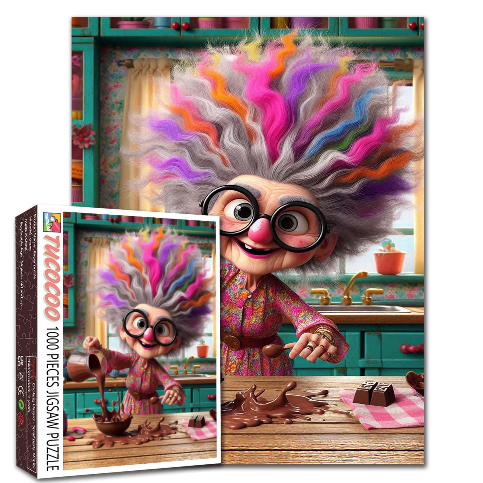 Rainbow Hair Grandma Jigsaw Puzzles for Adults 1000 Pieces Vintage Kitchen DIY Puzzles for Challenging Family Activity Games Elderly Lady Art Jigsaw Puzzles Home Wall Decor Craft Gifts 20x27 Inches — image 1