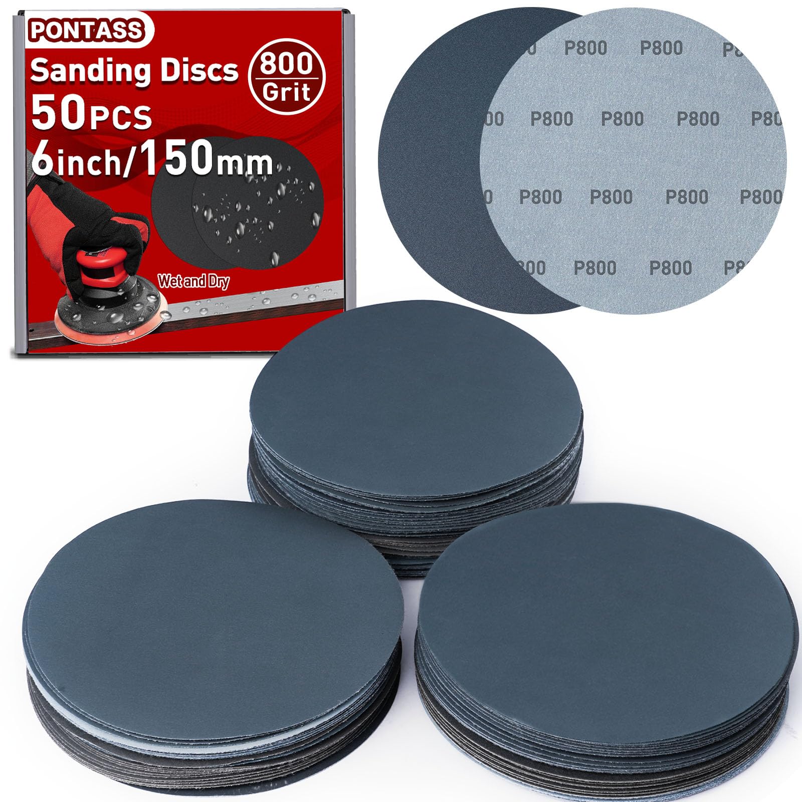 Discos de Lija de 150mm, Papel para Lijar Carrocería, 50 Piezas Hook and Loop Papel de Lija Abrasivos Papel de Lija de Carburo de Silicio 800 Granos para Lijadora Orbital Excéntrica