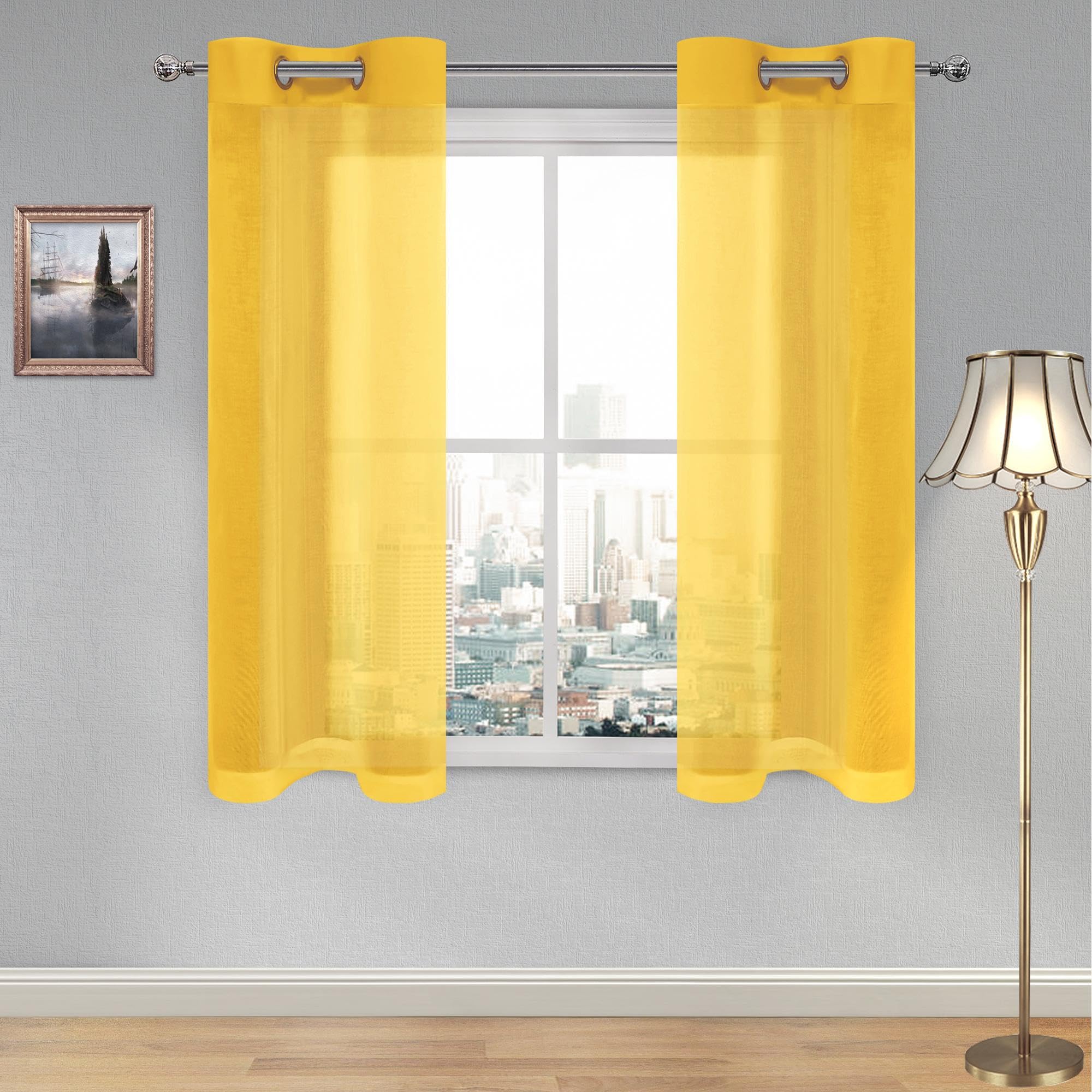 DWCN Short Sheer Curtains, Grommet Top Faux Linen Look Voile Semi Transparent Solid Window Sheer Curtains Drapes for Bedroom Living Room, Set of 2 Panels 28 x 54 Inch Long, Yellow โ image 1