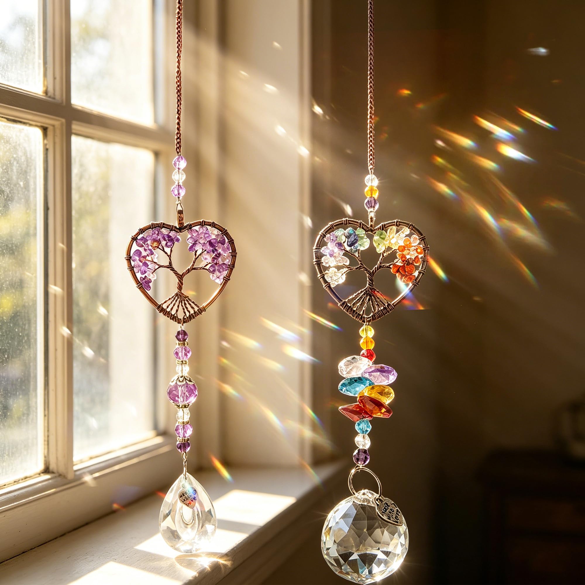 2PCS Sun Catchers For Windows, Heart Tree of Life Crystal Suncatcher, Hanging Garden Ornaments and Window Decorations, Rainbow Maker Crystal Ornaments for Home and Garden