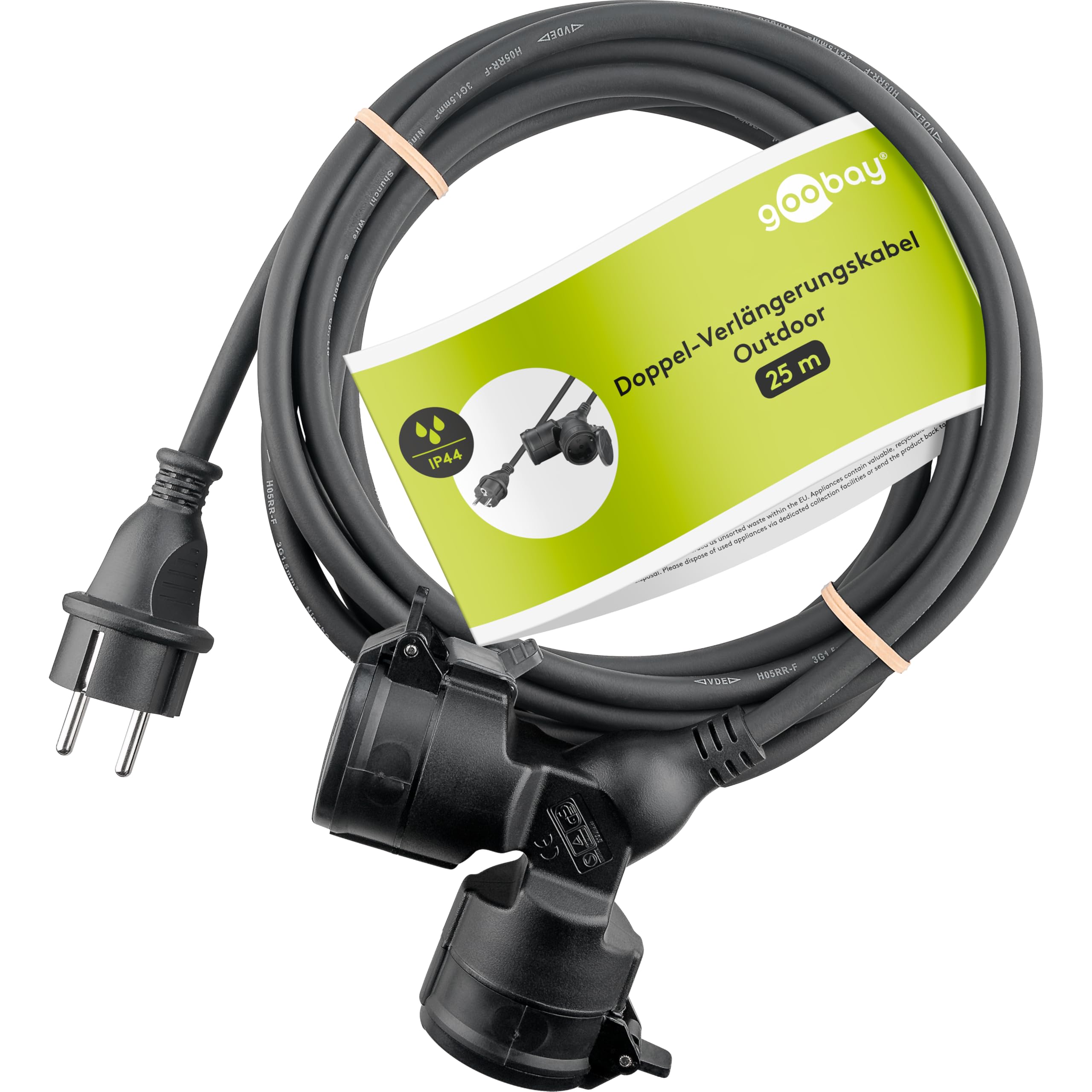 goobay 65436 Outdoor Doppel - Verlängerungskabel/Stromkabel für den Außenbereich / 2 Schuko - Steckdosen mit Schutzklappen (IP44) / 3680 W bei 250 V (AC) und 16 A / 25m