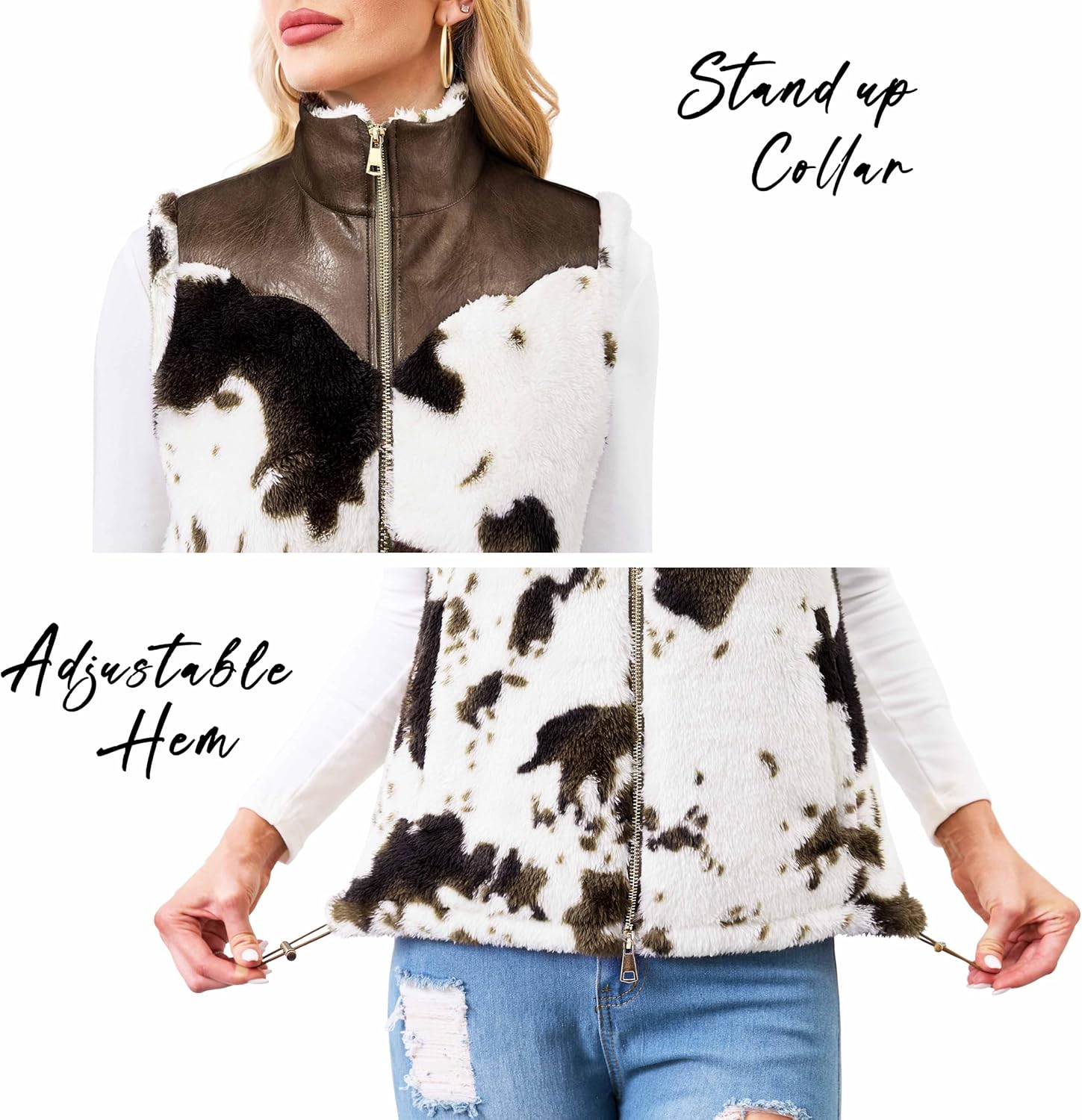 Women's Fuzzy Cow Print Vest Cozy Lightweight Sherpa Fleece Vest for Women Sleeveless Outerwear with Pockets - Image 2
