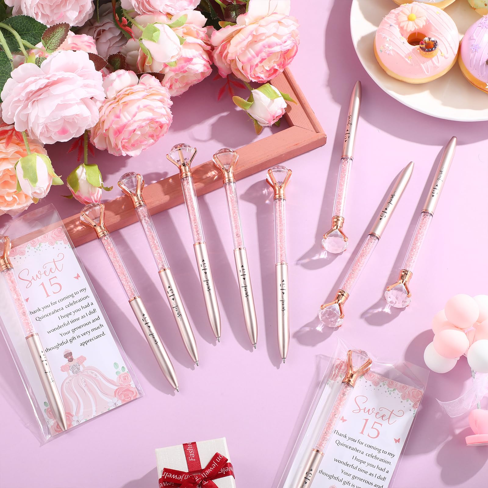 Sayglossy 50 Sets Quinceanera Party Favors Sweet 15th Thank You Gifts Diamond Pens with Thank You Cards Retractable Ballpoint Bling Pens 15 Birthday Gifts for Guests (Rose Gold)