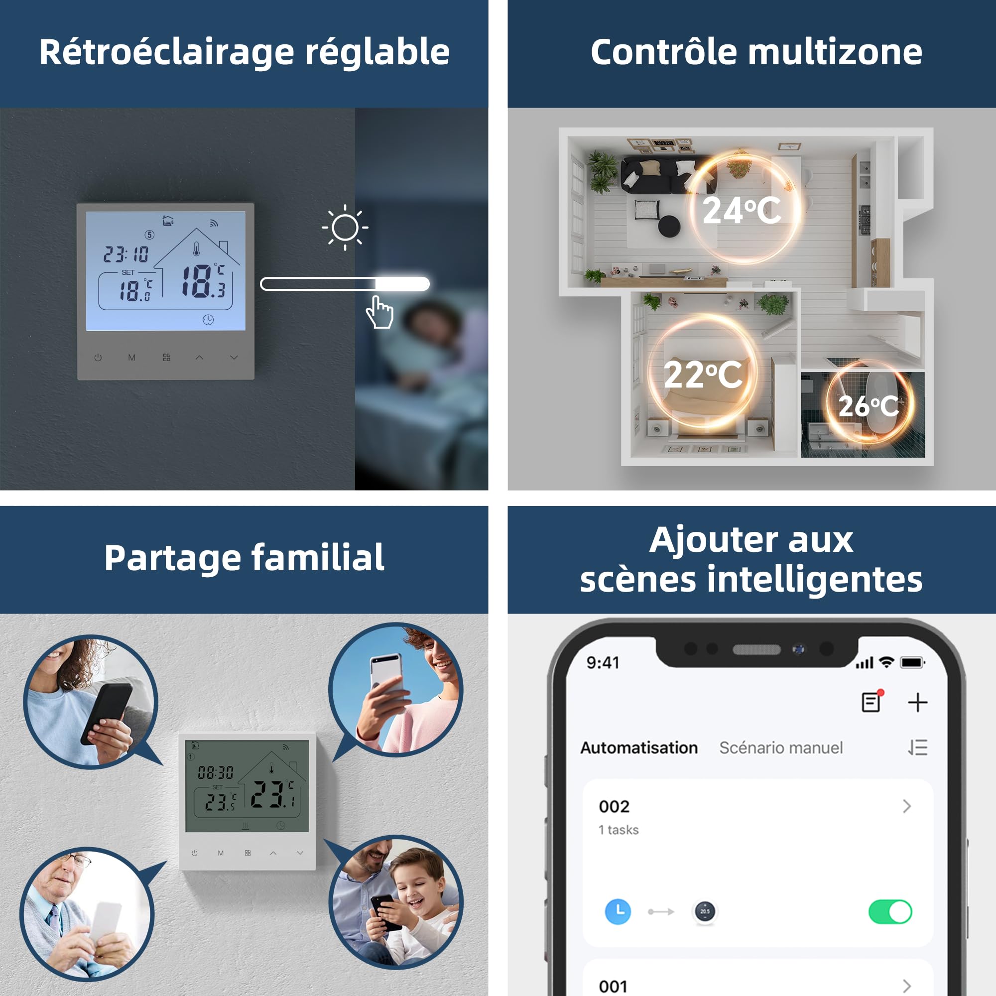 Beok Thermostat Connecté Grand Écran, WiFi pour Chaudière Gaz/Chauffage au Sol à Eau, Commande vocale Google Home & Alexa, Contrôle à Distance Via app Tuya Smart, Programmation journalière, 230V/3A