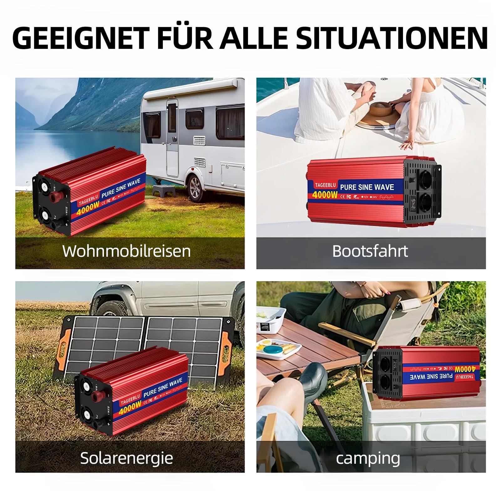 4000W 24V wechselrichter 24V auf 230V Reiner Sinus, spannungswandler 24v 230v, Wechselrichter für Fahrzeuge mit Alligatorclip, 2 EU Steckdose und LCD Bildschirm