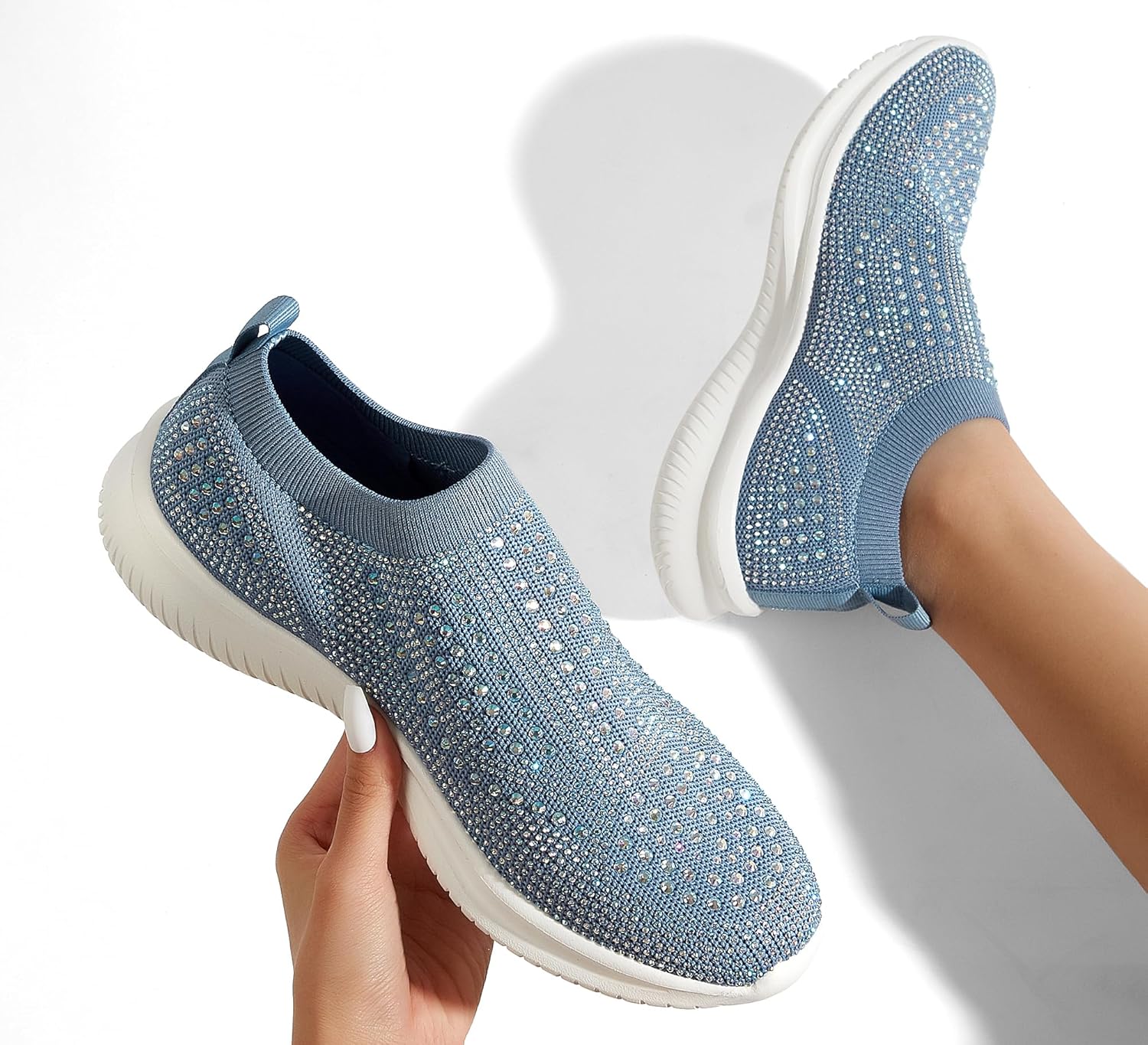 BELOS Women's Rhinestone Mesh Slip On Walking Shoes Fashion Breathable Spakle Glitter Sneaker - Image 9