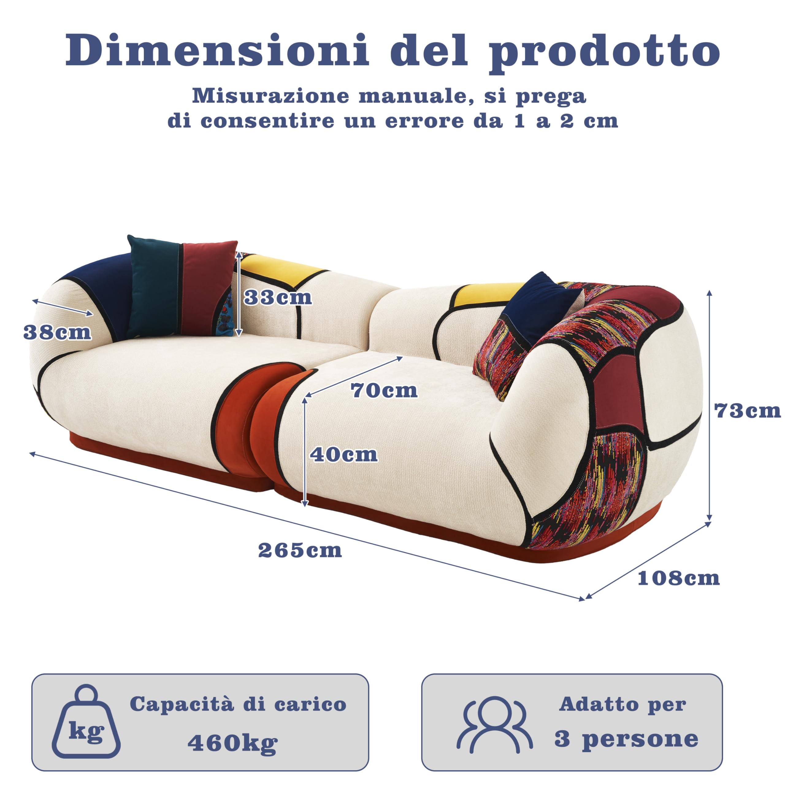 Vipbear Divano Letto, 108 x 265 cm, Divano a 3 Posti con 2 Cuscini in Chenille, Divano Compresso per Soggiorno, Stile Bohémien, Schiuma ad Alta Densità, Senza Montaggio
