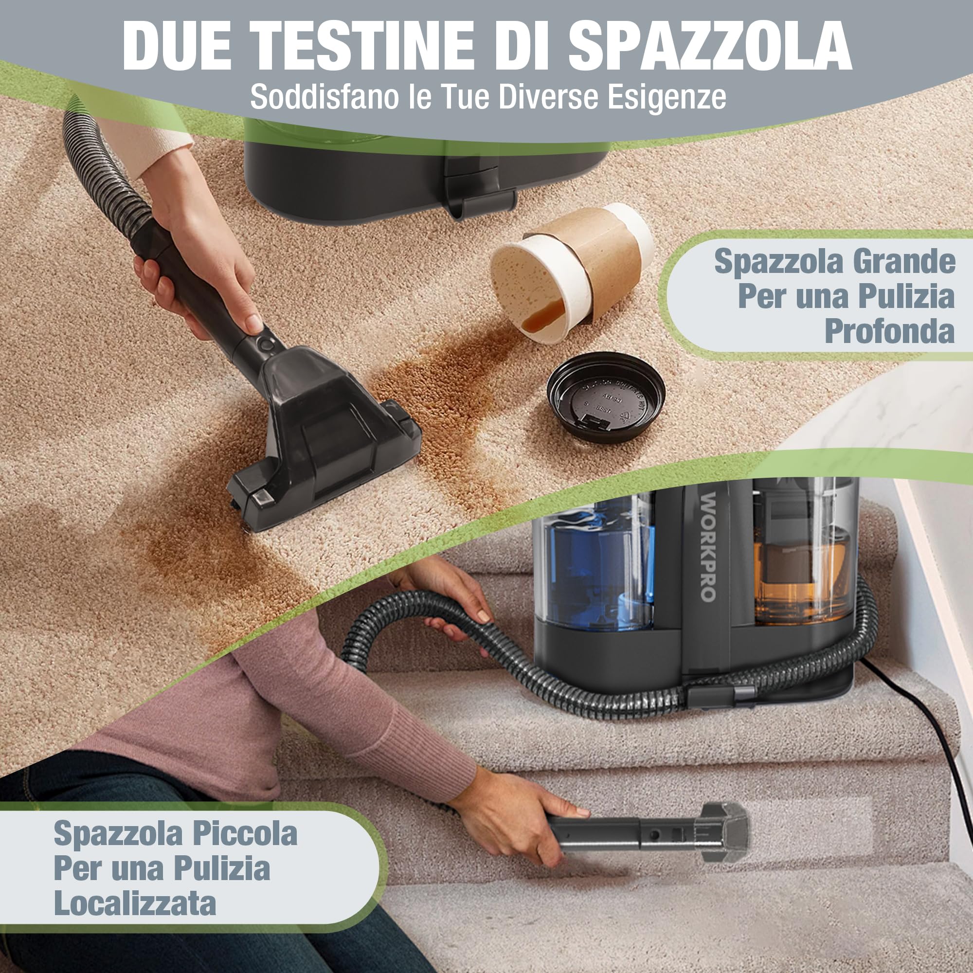 WORKPRO Lavatappeti Portatile 450W, Lava Tappezzeria, Pulitore Tappezzeria, Ideale per Pulisci Scale, Divano, Sedili Auto, Moquette e Tappeti, lava Divani