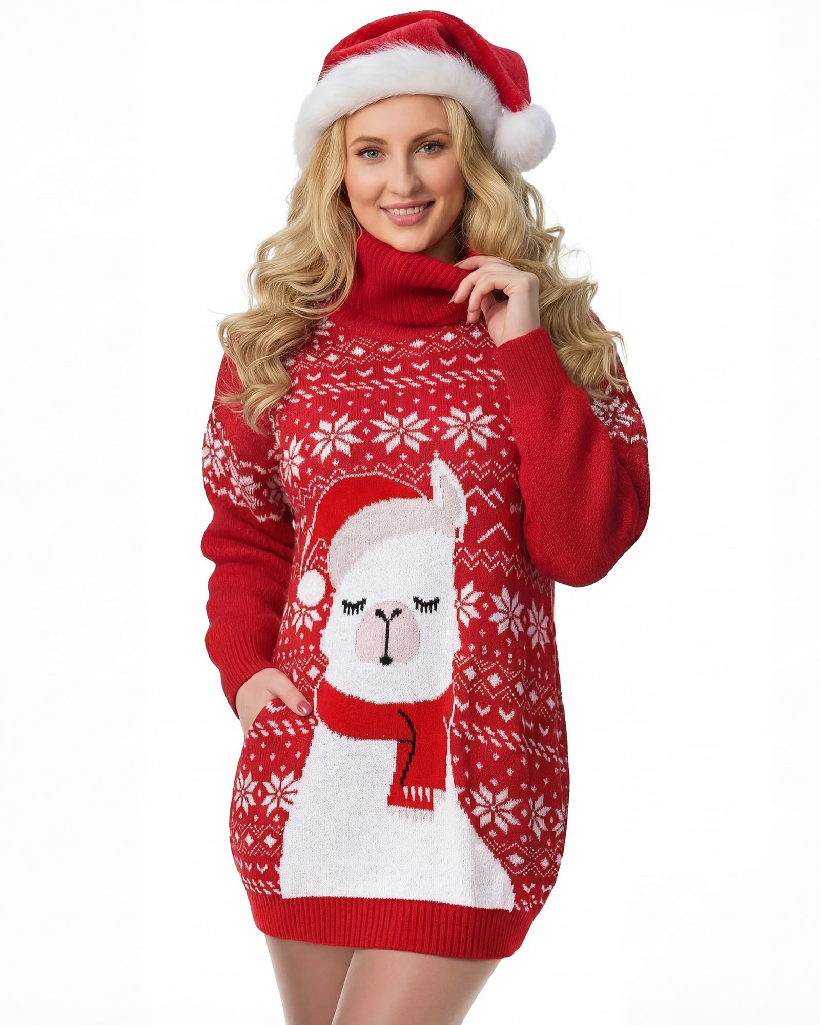 Ugly Christmas Sweater Dress for Women Santa Hat and Funny Novelty Sweater with Pocket for Xmas Holiday
