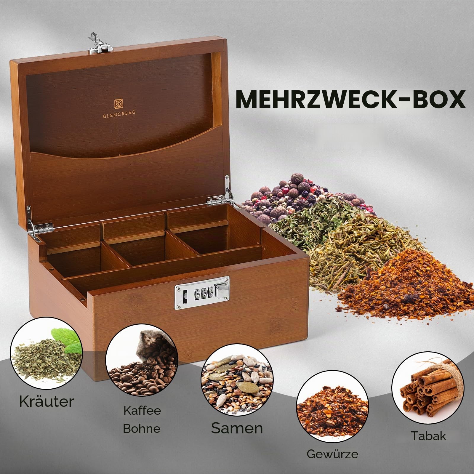 GLENCREAG Geruchsneutrale Bambus-Aufbewahrungsbox mit Rolltablett, Schloss