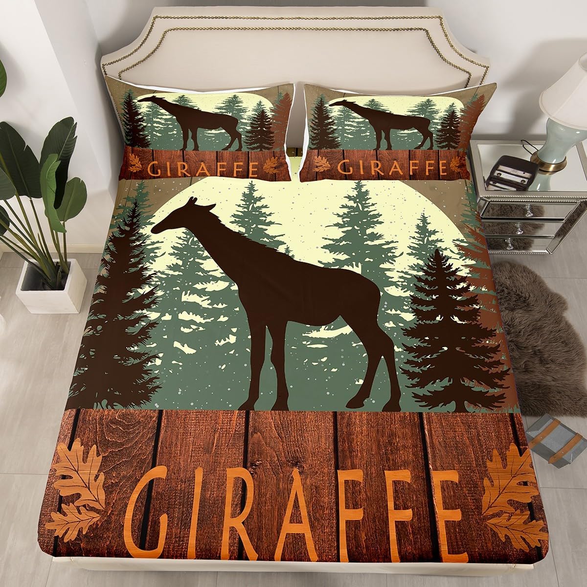Cute Giraffe Fitted Sheet Queen Size 3 Pcs,Lodge Cabin Jungle Rustic Style Bedding Set for Kids Teens Adults,Wild Animal Pine Trees Bed Sheet with 2 Pillowcases(No Top Sheet)