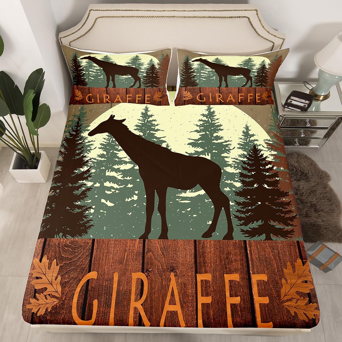 Cute Giraffe Fitted Sheet Queen Size 3 Pcs,Lodge Cabin Jungle Rustic Style Bedding Set for Kids Teens Adults,Wild Animal Pine Trees Bed Sheet with 2 Pillowcases(No Top Sheet)