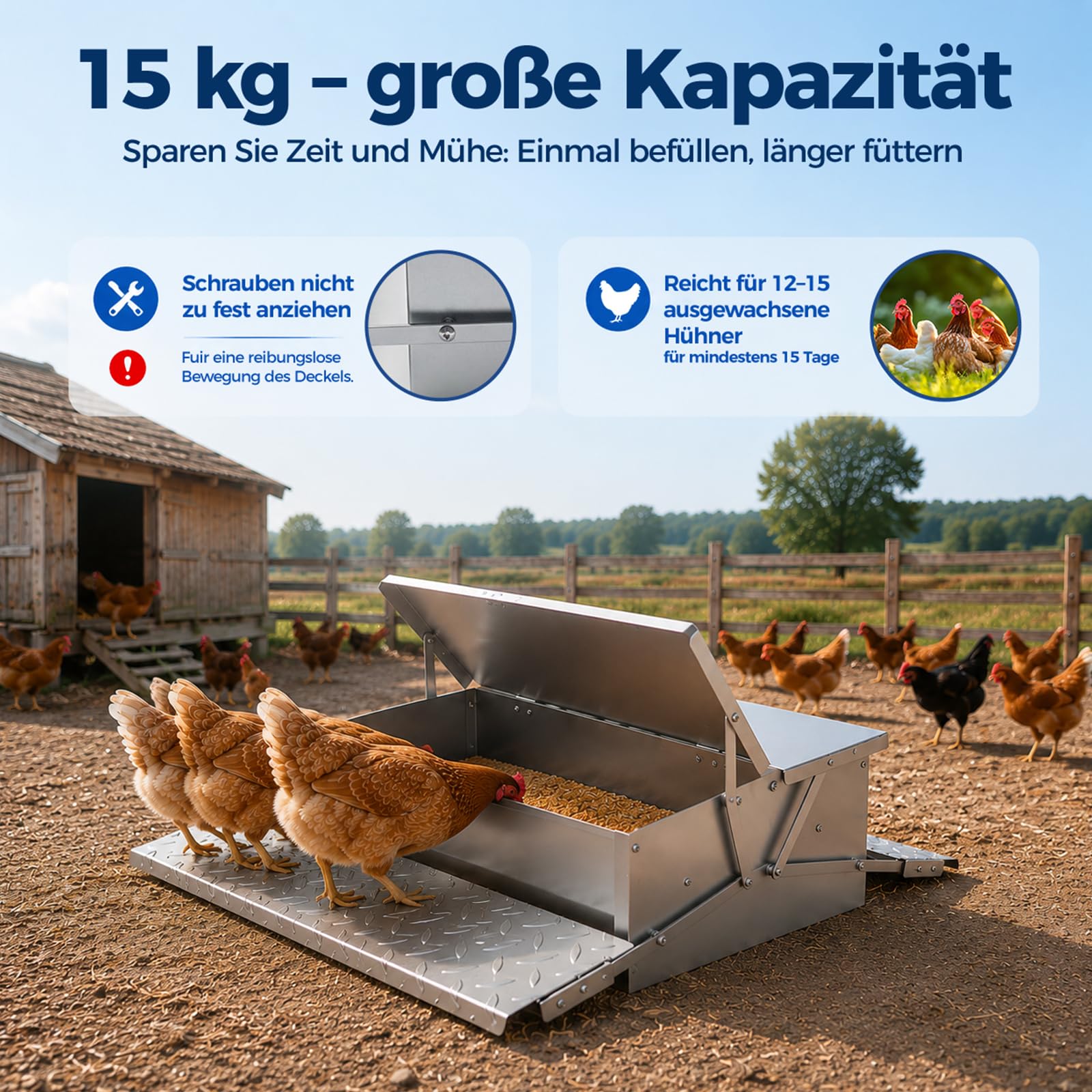 Automatischer Hühner Futterautomat, 15 kg Doppelseitiger Tritt-Hühnerfutter, Mit Rattensicher Wasserdicht Deckel, Edelstahl Futtertrog für Geflügel Hühner, Enten, Gänse, für Außenbereich/Stall/Hof