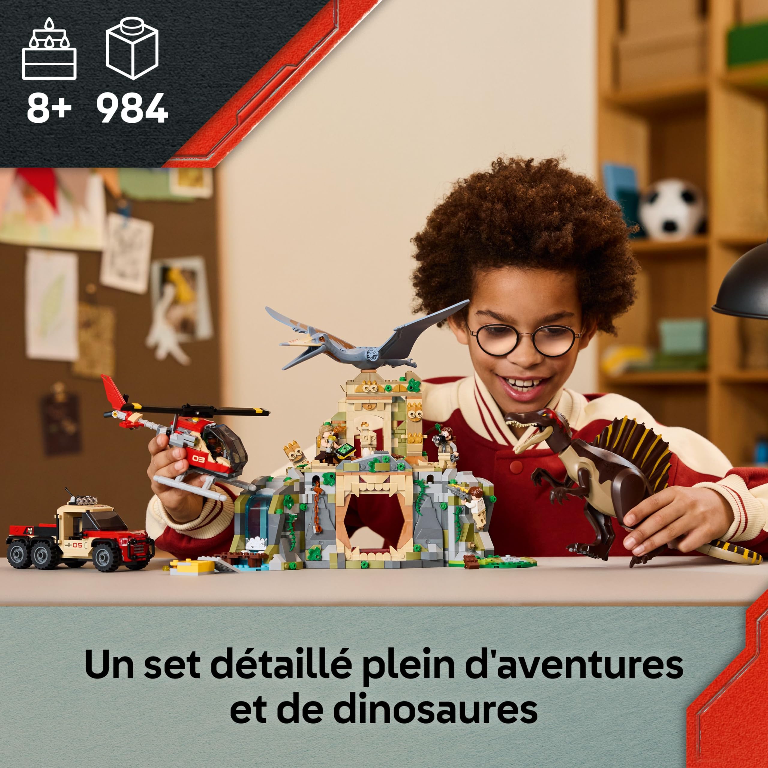 LEGO Jurassic World Mission Aérienne avec Le Spinosaure et Le Quetzalcoatlus - Jouet avec 2 Figurines de Dinosaures - Camion & Hélicoptère - 4 Minifigurines - Cadeau pour Garçon ou Fille 8 Ans 76976