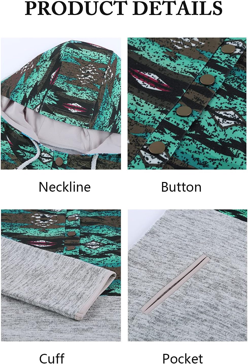 Womens Long Sleeve Button Collar Drawstring Printed Pullover Hoodies Sweatshirts with Pockets - Image 6