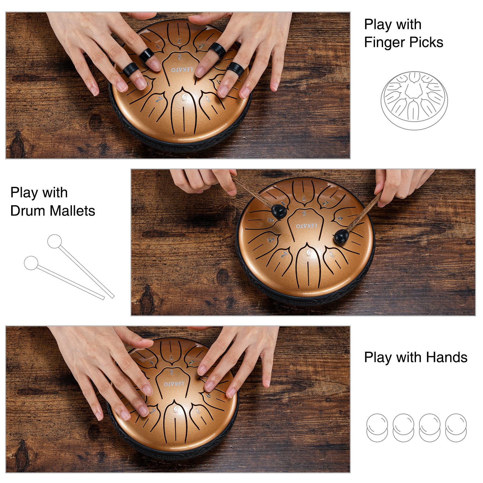 LEKATO Tamburo a percussione con chiave a D, 11 note, 15,2 cm, in acciaio Foglia oro albicocca, strumento a percussione per educazione alla meditazione, kit regalo per principianti