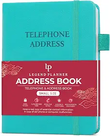 Legend Planner Livro de endereços com abas alfabéticas – Mini livro de contatos telefônicos para números de telefone, endereços, senhas, pequeno (turquesa)