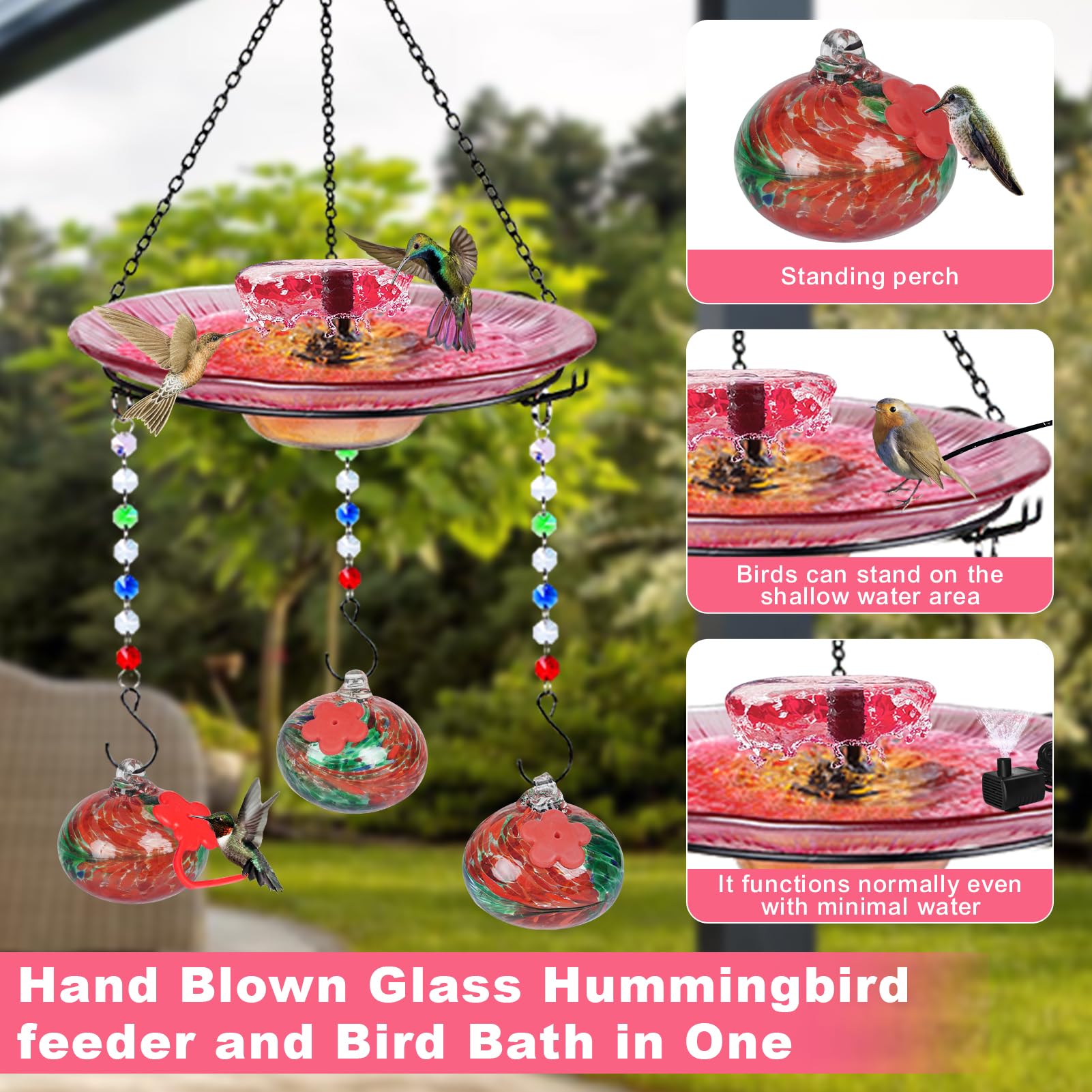 Headak Life Comedero de colibrí de vidrio soplado a mano para exteriores y baño de pájaros, 2 en 1 para pájaros pequeños, comedero colgante para colibríes, baño para pájaros para exteriores con bomba