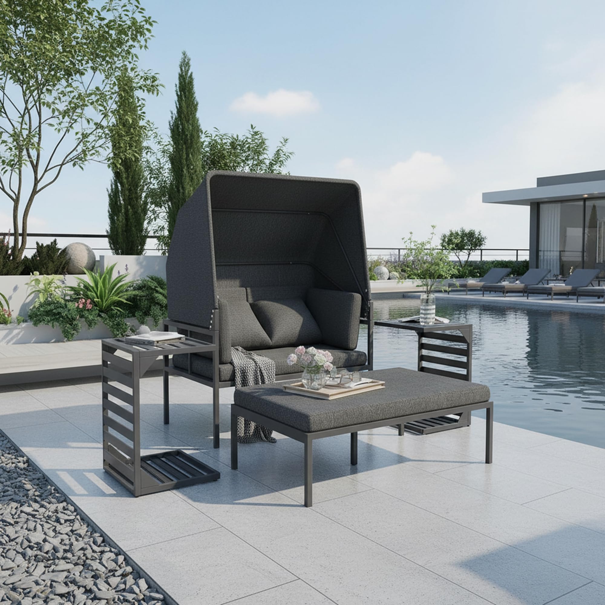 Mucola Aluminium Gartenmöbel Set mit 2 Beistelltischen Strandkorb inkl. Sonnendach | wetterfest und rostfrei | Sonneninsel extra Dicke Wasserabweisende Kissen