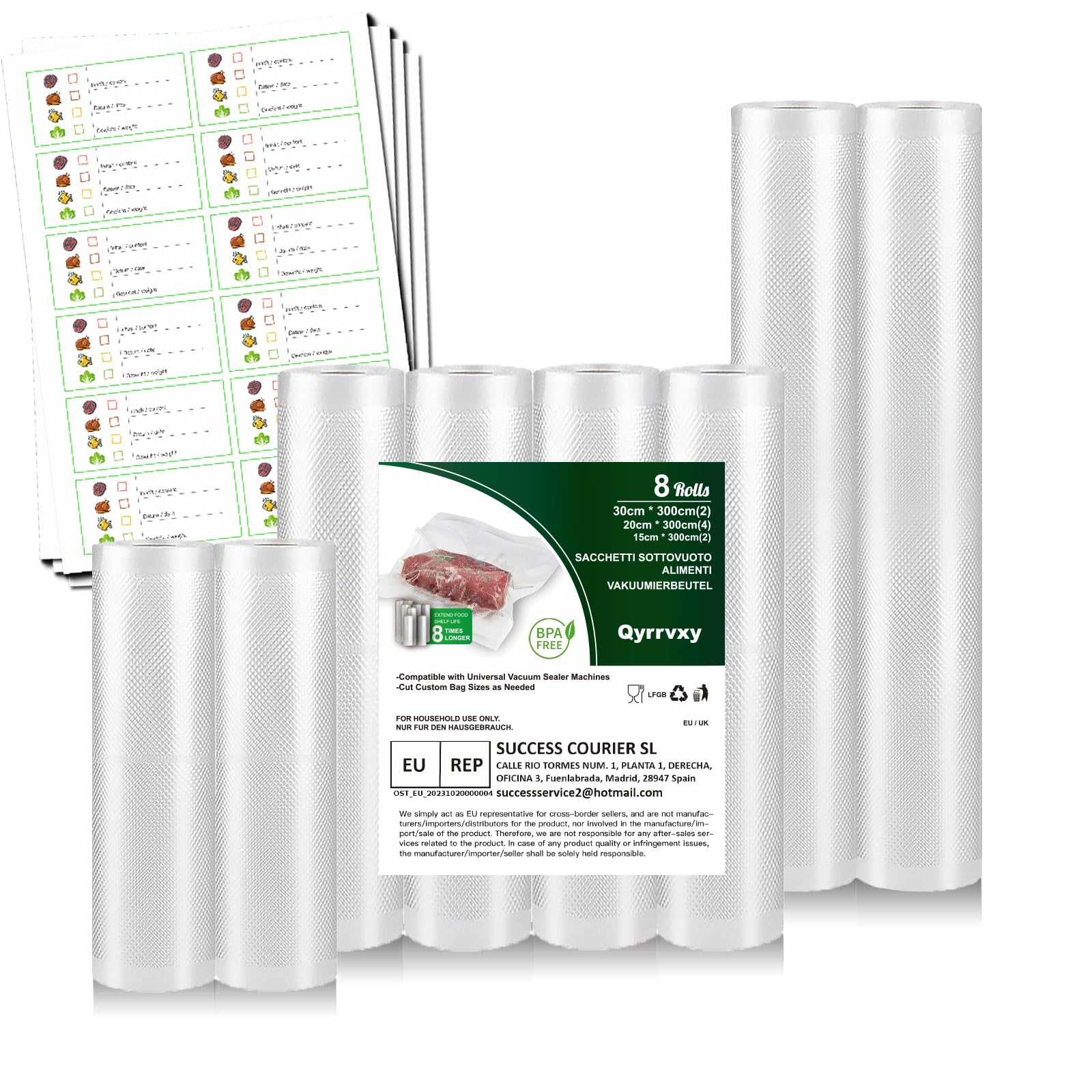 8 Rotoli Pellicola Per Sottovuoto Alimentare (30/20/15 Cm X 3 M) Senza BPA, Per Sous Vide, Riutilizzabile, Con 4 Adesivi Per Organizzare - 3