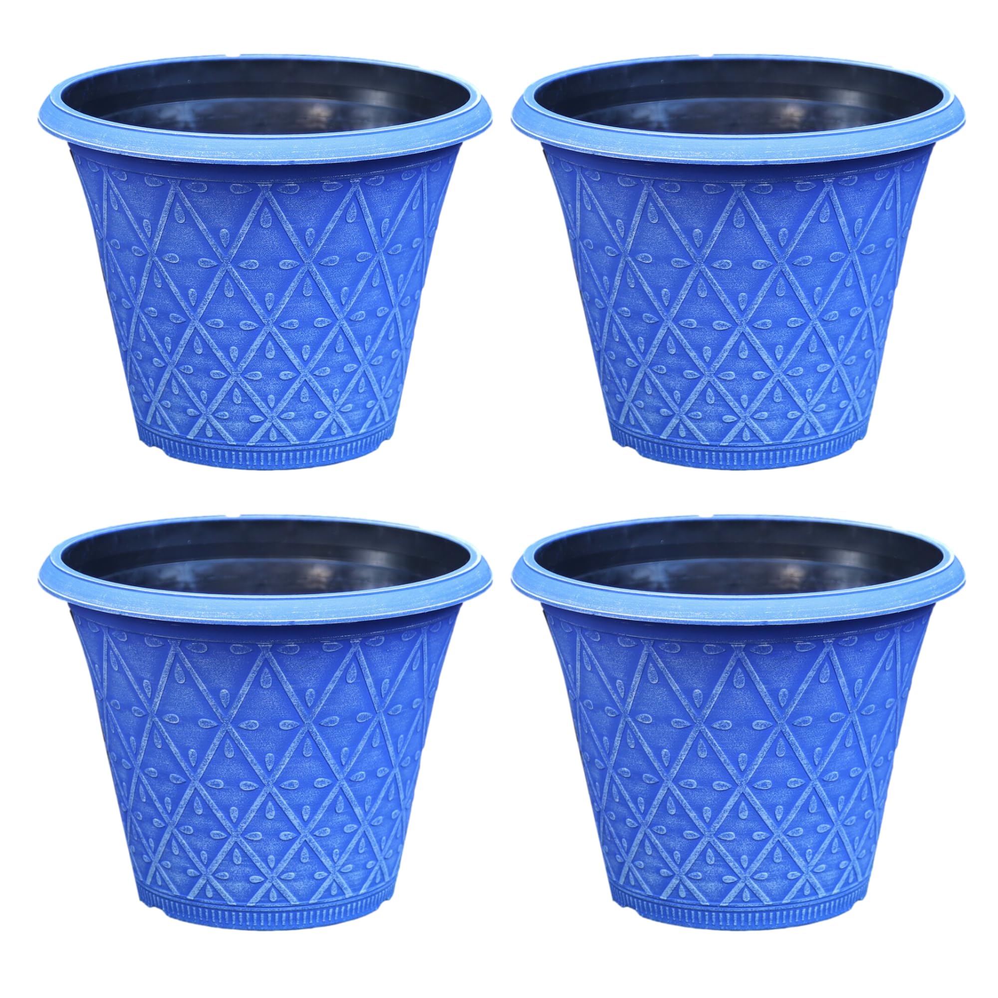 Fyne-Finds Set of 4 Round 30cm, 12inch Garden Plastic Material Plant Pot Marine Blue Outdoor Planter Decorative Cover, Drainage Holes, Weather, Frost Proof