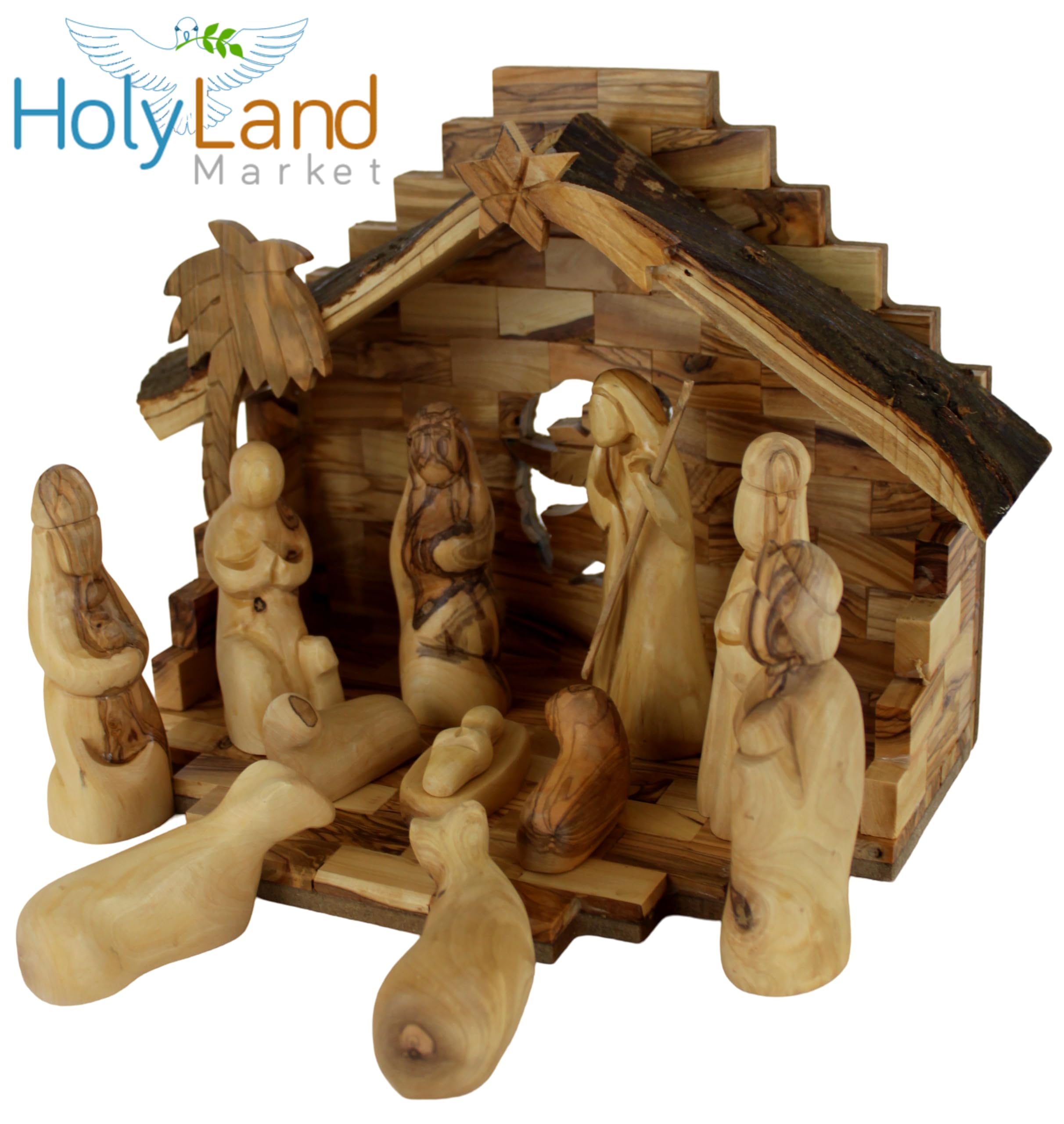 Holy Land Market Krippen-Set aus Olivenholz, Bethlehem, Deluxe, handgeschnitzt, Braun