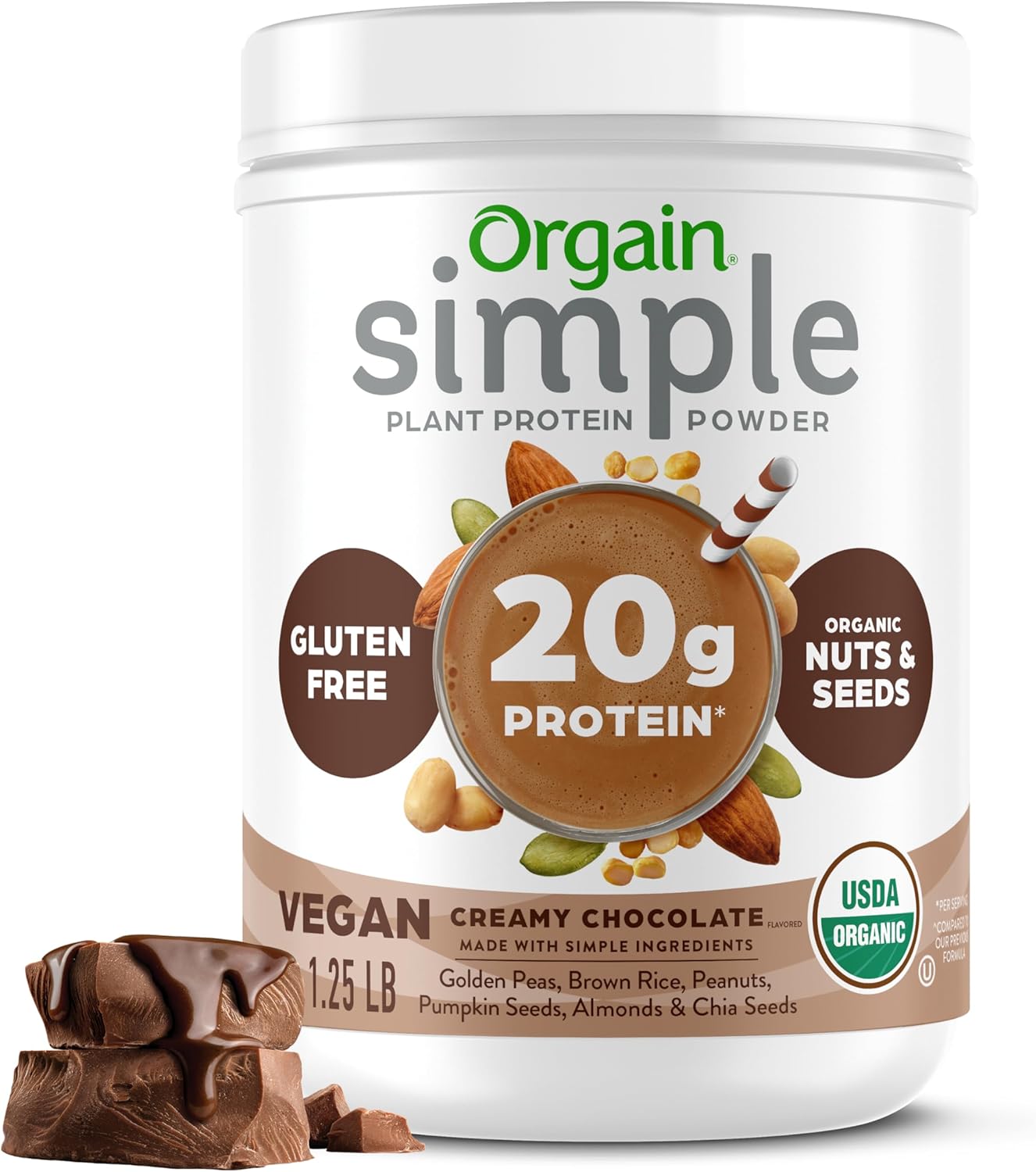 Orgain Organic Simple Vegan Protein Powder, Chocolate - 20g Plant Based Protein, Made with less Ingredients, No Artificial Sweeteners, Gluten Free, No Dairy or Lactose, 1.25 lb (Packaging May Vary)