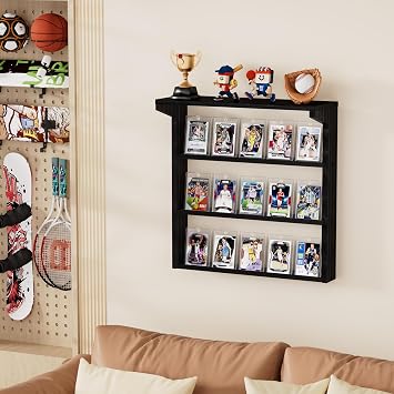 Trading Card Display Stand for Wall, 3 Tier Wooden Graded Card Storage with Top Shelf, Sports Card Display for Baseball Basketball Football Card Collection (Black)
