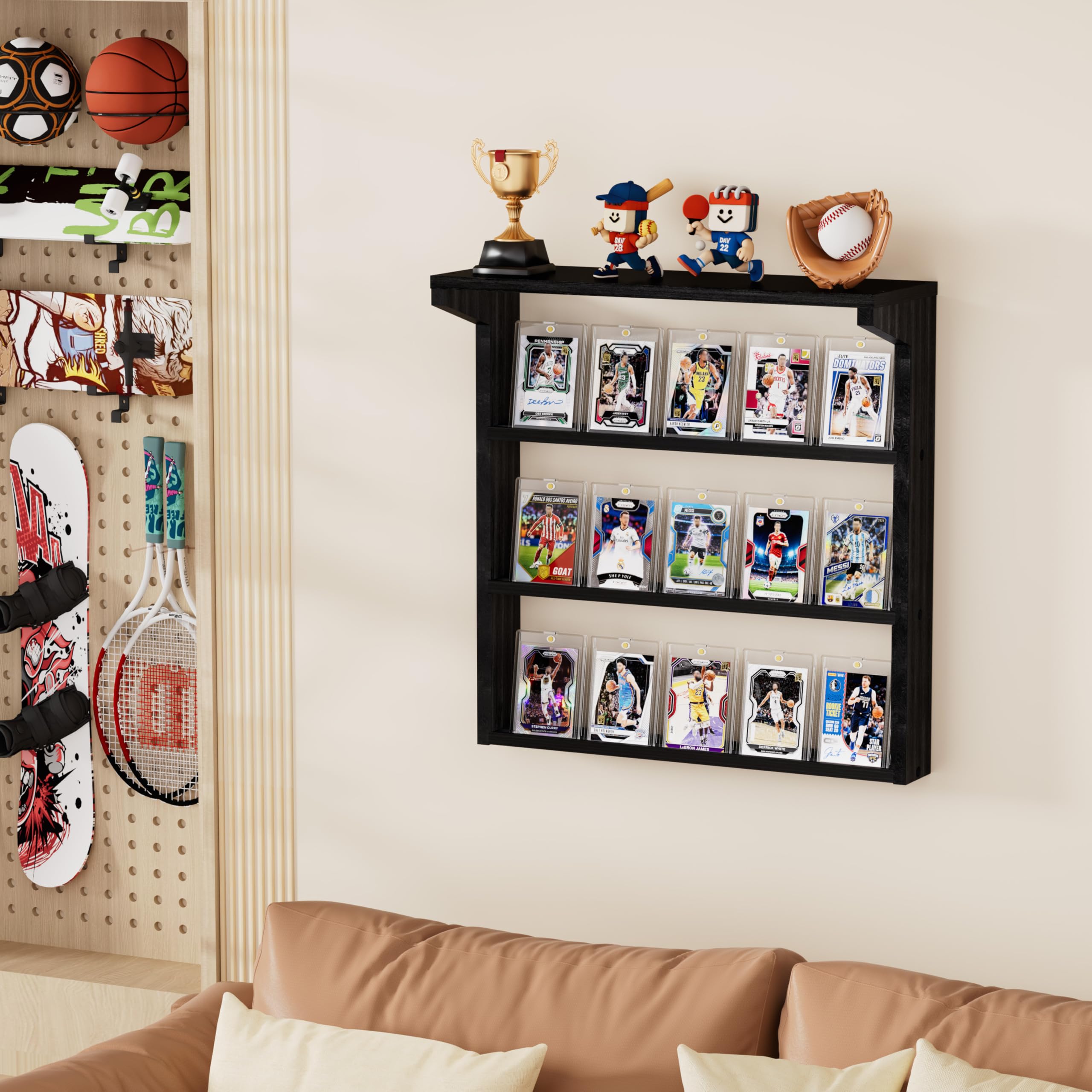 Portacard da Parete in Legno, 3 Livelli Espositore per Card Sportive e Collezionabili, Card Portacollezionabili per Appassionati di calcio e collezionisti (Nero)