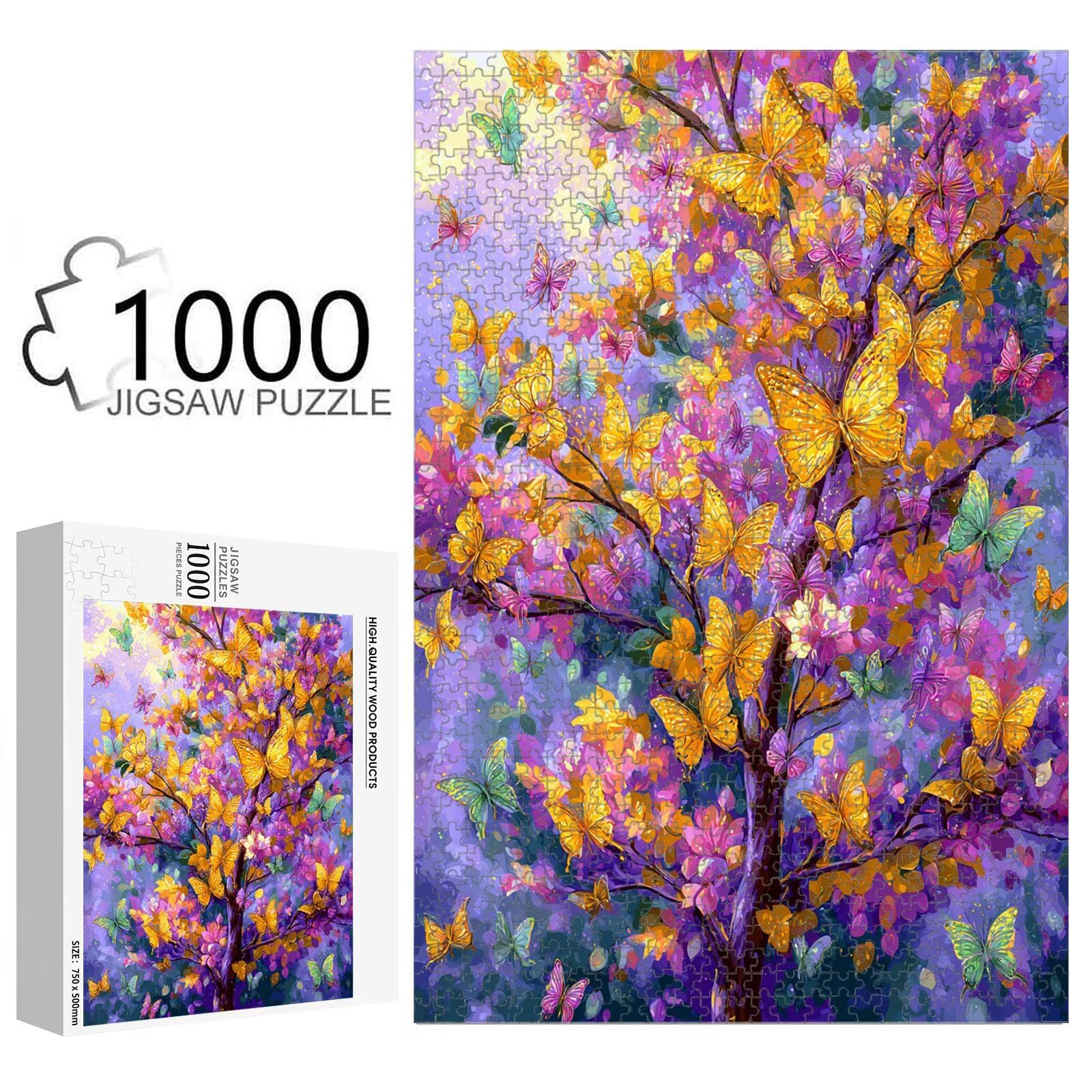 Puzzle 1000 Pièces, Arbre & Papillon Puzzle en Bois Durable 1T#1353 | Puzzle en Bois, Découpe de Précision, Encres aux Couleurs Vives, Loisir Relaxant, Décoration Intérieure, Cadeau, 50x75cm