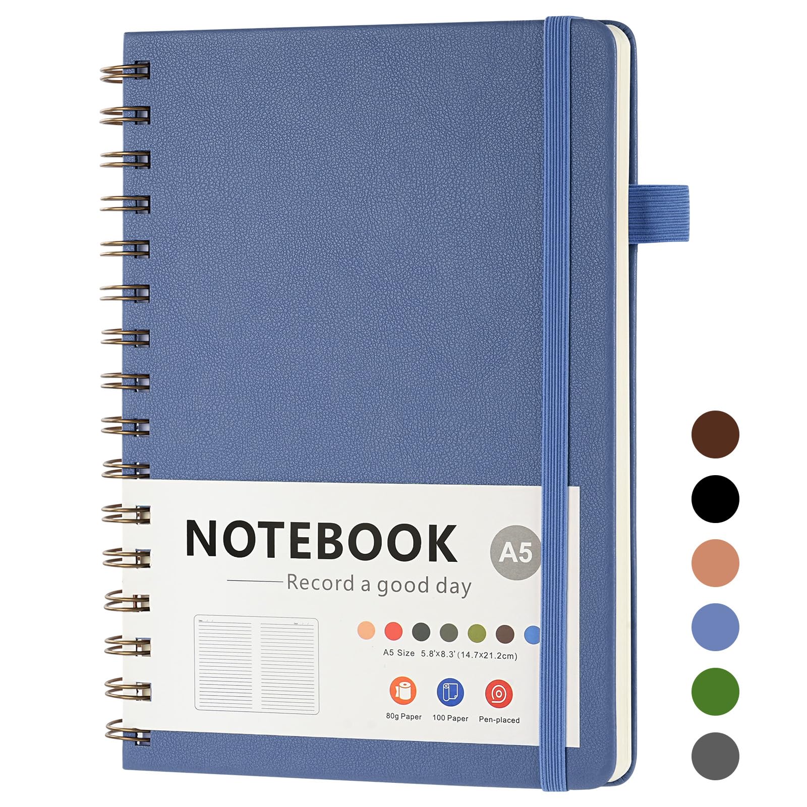 OSDUE A5 Notebook, 200Pages /100 Sheets Wirebound Spiral Notepad, Waterproof Hardcover, PVC Pocket, Grid Journal for Women Men Work Office School, 15.6 x 21.2cm, Blue — image 1