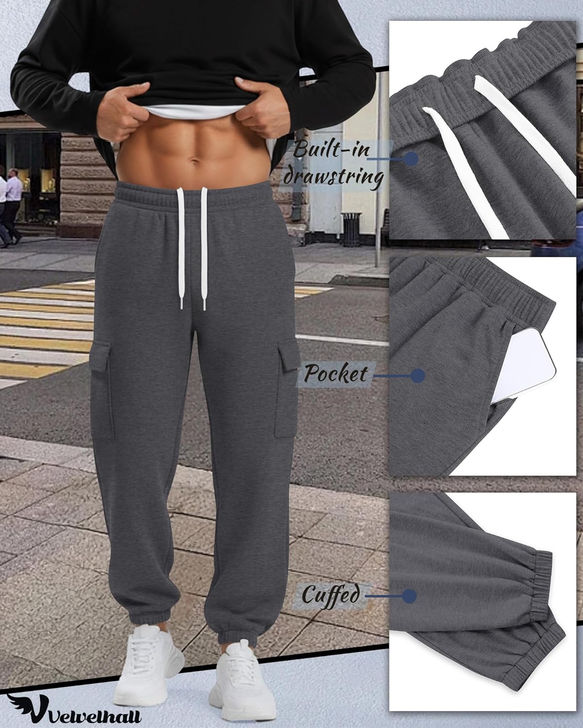 3 Pack Men's Cargo Sweatpants Baggy Joggers Casual Drawstring Pants Lightweight Workout Tapered with Pockets - Image 5