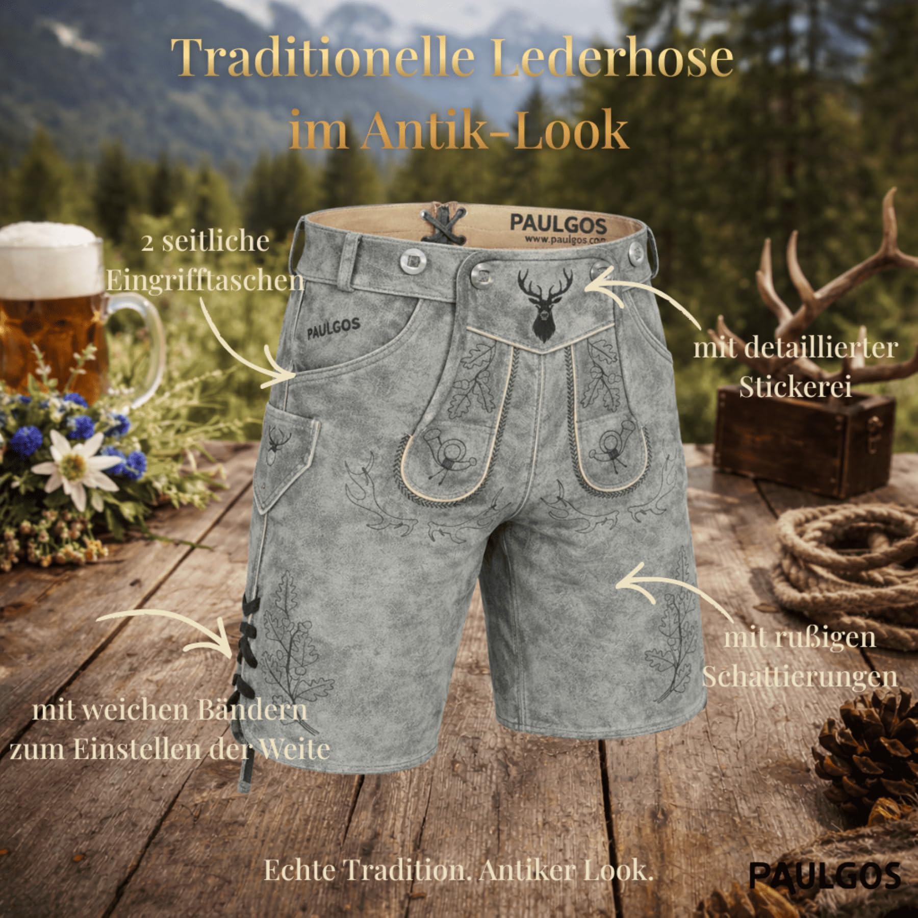 PAULGOS Herren Trachten Lederhose HK5-ANTIK+ Träger, Echtes Leder, Gr. 44-60