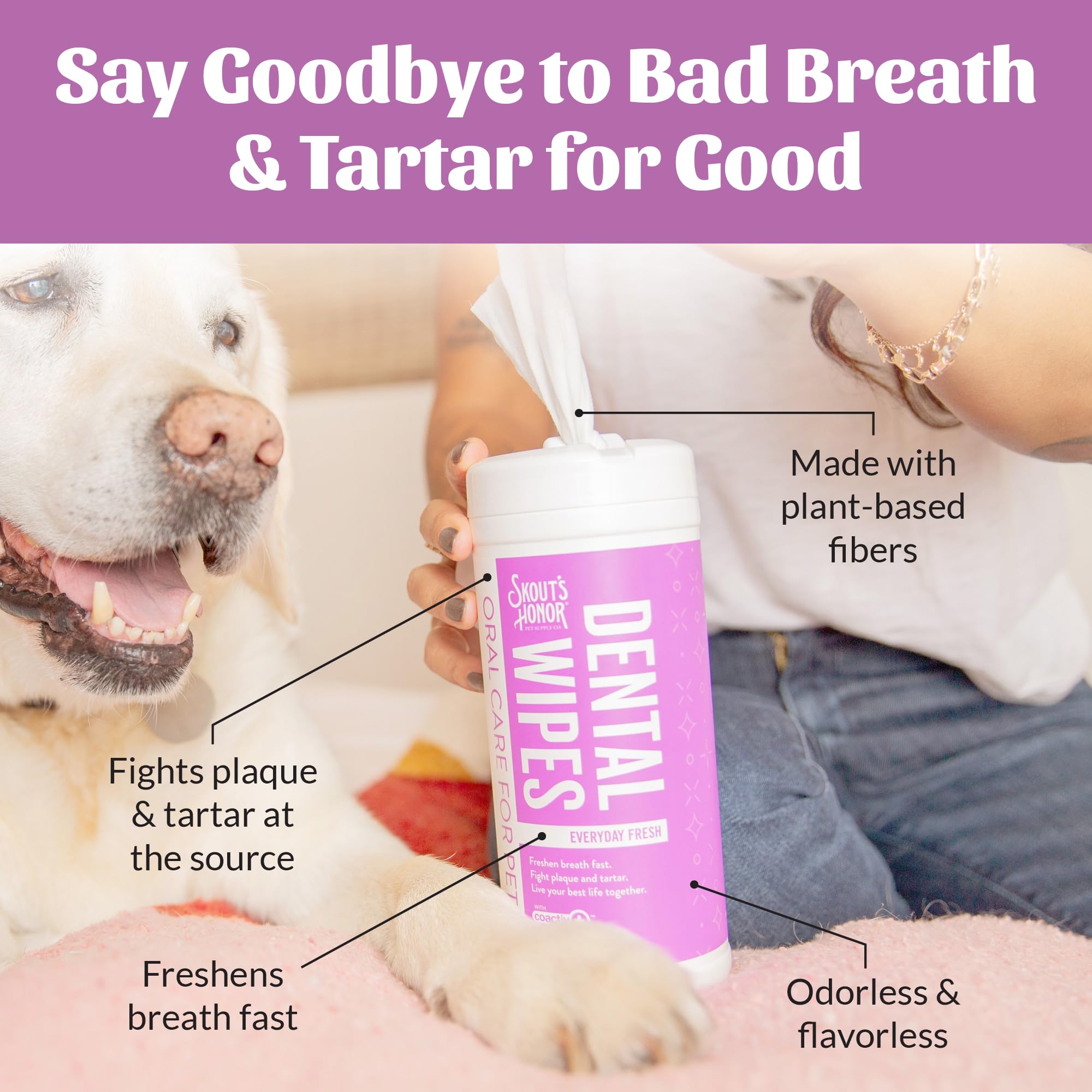 SKOUT'S HONOR Fresher Breath Dental Wipes- Pet Dental Wipes - Fights Plaque and Tartar, Freshens Breath Fast, No Brushing Required, 50 Sheets - image 5