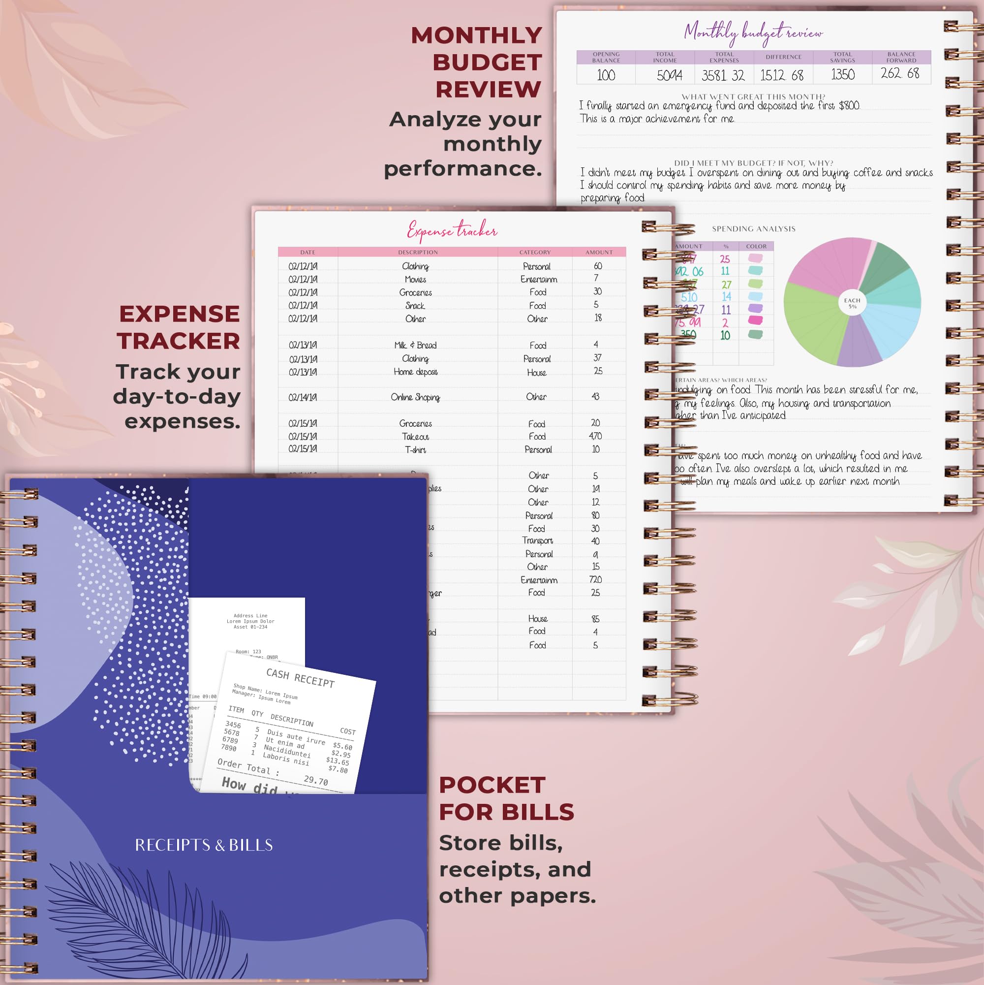 PLANBERRY Grande pianificatore di bilancio e organizzatore mensile per banconote con tasche, libro di budget, tracker finanze e spese, 20,3 x 23,4 cm (oro rosa)