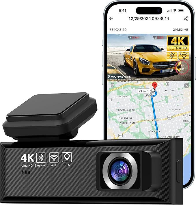 Miofive Smart Dash Cam, 2160P UHD Dash Camera for Cars, Mini S Car Camera with Wi-Fi, GPS, WDR, Night Vision, G-Sensor, App, Loop Recording, Parking Monitor, Time-Lapse