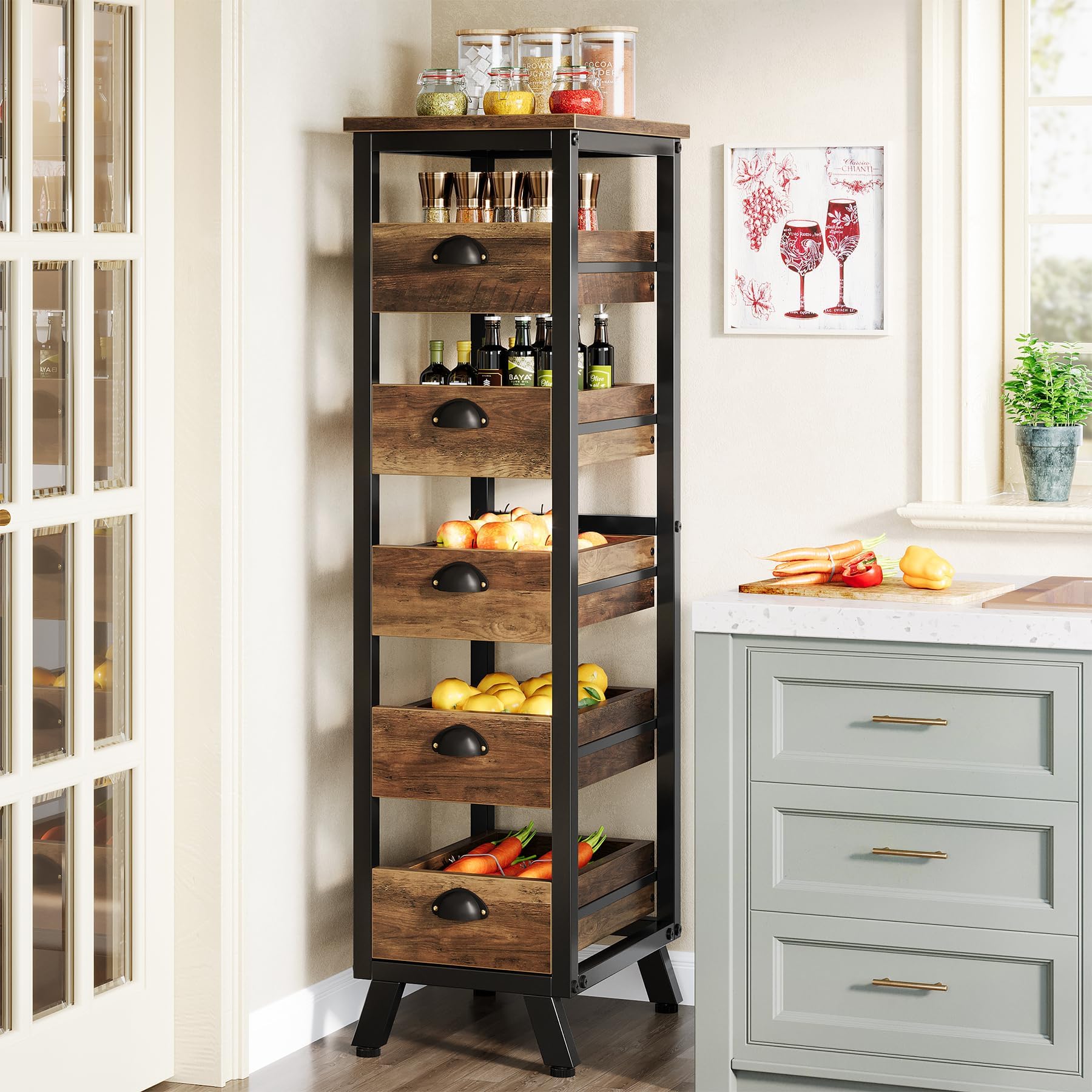 Tribesigns Wood Fruit and Vegetable Storage Rack, 5-Tier Narrow Snack Stand Kitchen Stand Fruit Basket, Pull-Out Utility Organizer for Kitchen, Living Room, Rustic Brown