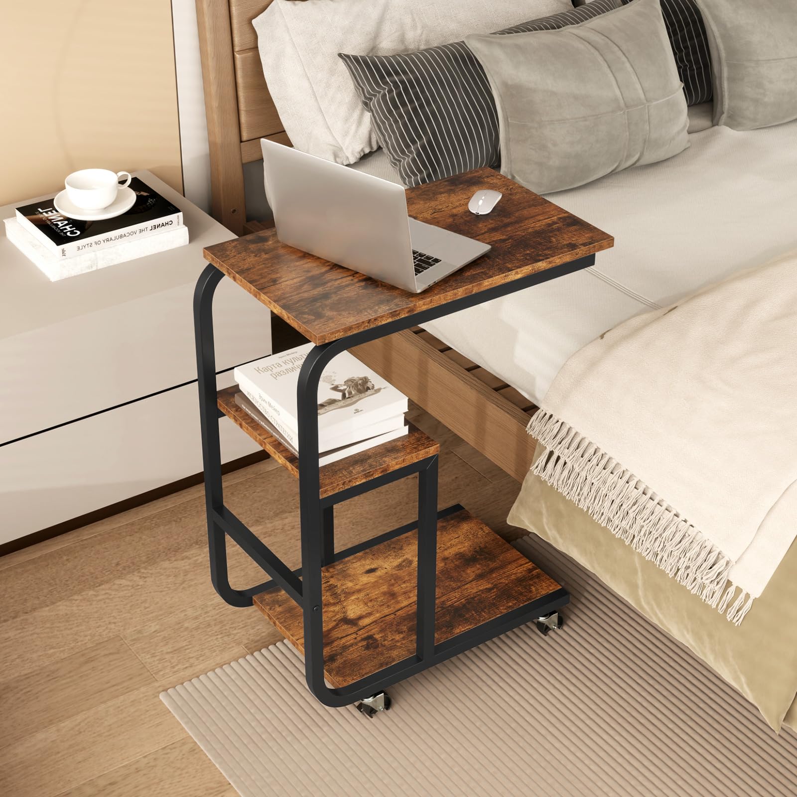 COSTWAY Stolik pomocniczy, stolik kawowy na kółkach, w kształcie litery C, 3 poziomy, mobilny, do salonu, metalowa rama, do kawy i laptopa, 53 x 30 x 70 cm, wzornictwo przemysłowe (2)