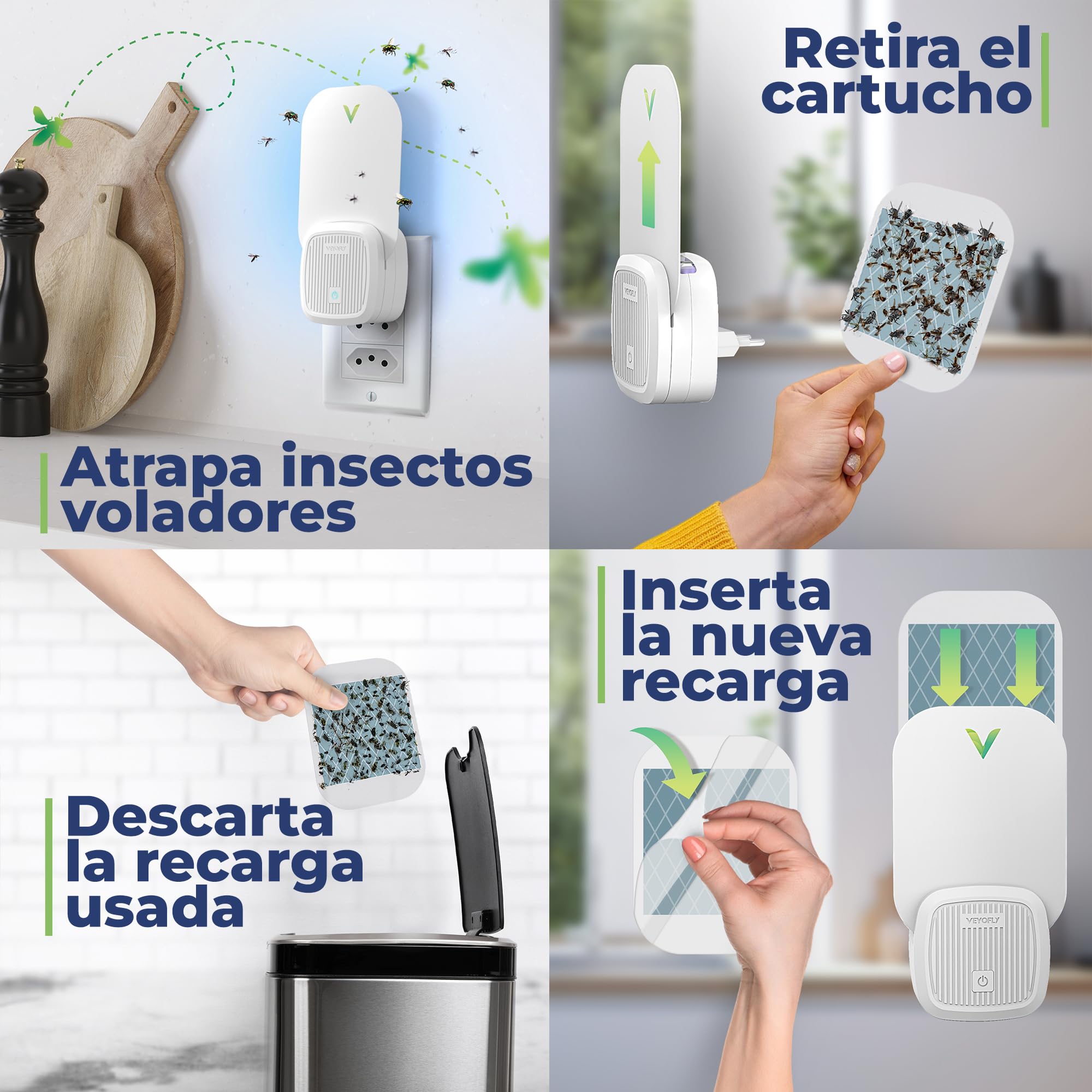 VEYOFLY Trampas para Moscas de la Fruta para Interiores, (1 Dispositivos + 3 Repuestos), Trampa Enchufable para Mosquitos e Insectos Voladores, Luz Atrayente para el Hogar, Capturador de Mosquitos