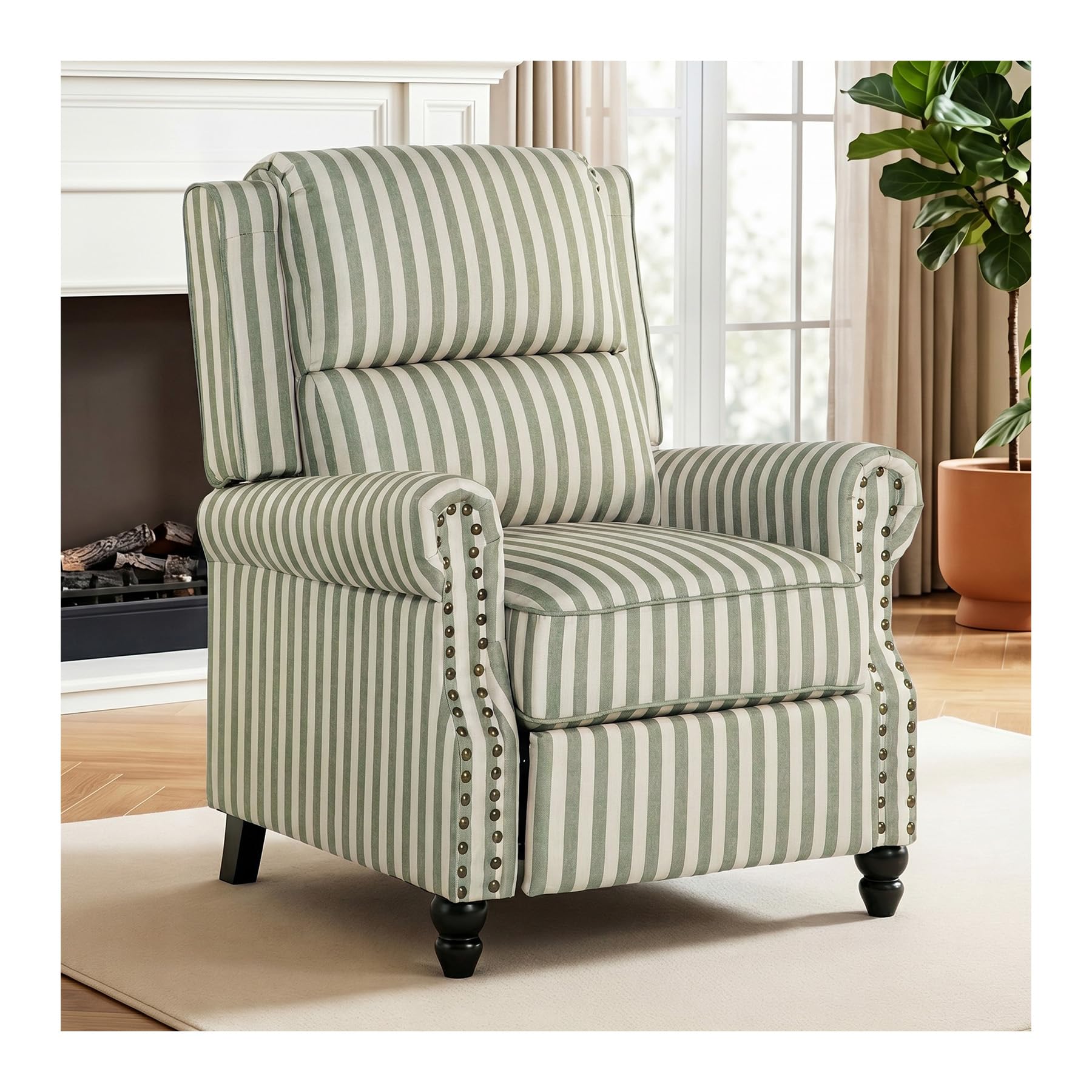 INMOZATA Wingback Recliner Chair Linen Recliner Armchair Pushback Fireside Chair with Wooden Legs for Living Room, Bedroom, Home Office(Sage Green)