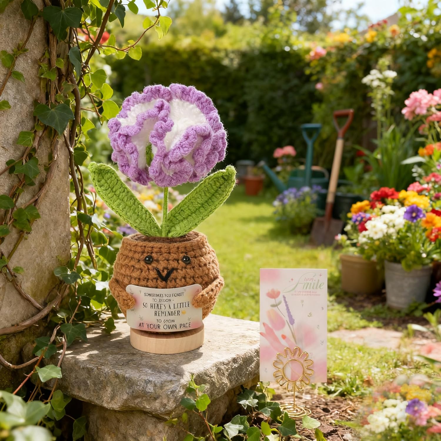 Handmade Positive Purple Carnation Crochet - Inspirational Home Decor with Uplifting Message Card - Gift for Women, Girl,Girlfriend,Lover,Anniversary,Wife - Knitted Tabletop Decor;love mom