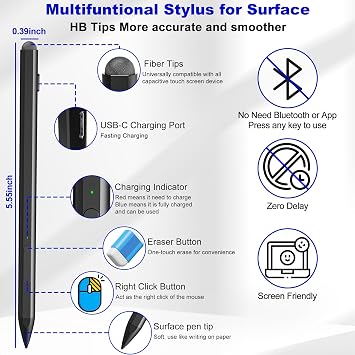 Stylus for Microsoft Surface - Stylus Pro Pen Stylus for Surface Pro 11/9/10/8/X/7/6/5/4/3, Fast Charge & Draw, Write Like Paper, Surface Pro 11 Copilot Pen for Surface Go 2/3/4/Book/Laptop/Studio