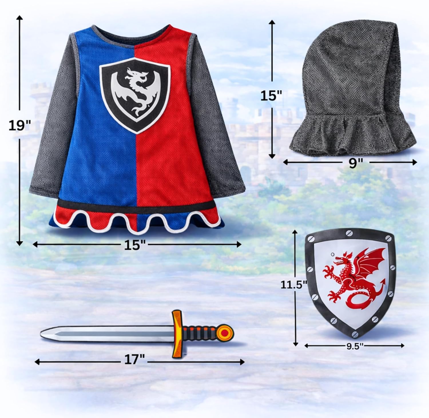 Liberty Imports Kids Knight Costume Dress Up Set with Hood and Cloak, Soft Foam Sword and Shield Medieval Pretend Play Armor Outfit Kids, Dragon Knight Outfit for Dress Up