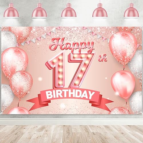 Cartel de feliz cumpleaños 17 de oro rosa con texto en inglés "Cheers to 17 Years Year" - Globos de confeti, decoración temática para niñas de 17