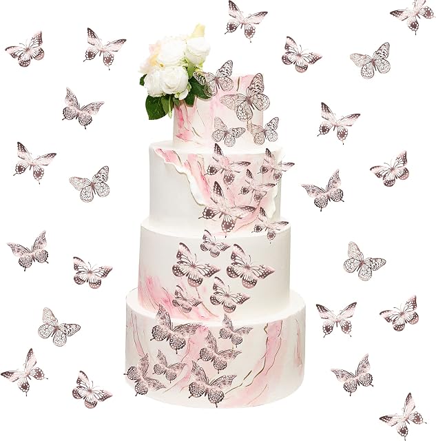 Gyufise 48 PCS Rose Gold Lively 3D Butterfly Cupcake Toppers Hollow Art Butterfly Cake Topper Decorations for Baby Shower Wedding Anniversary Kids Birthday Party Supplies Mixed Size
