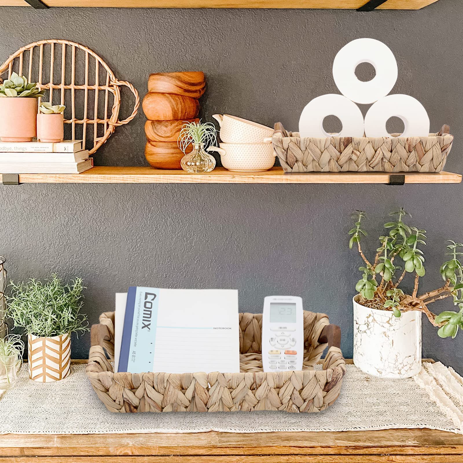 Natural Rattan Water Hyacinth Storage Basket With Wooden Handle - Storage Organizer Holder And - View #9